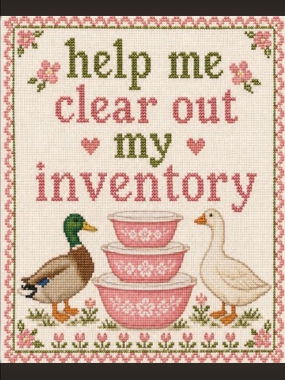 Pink Floral Mixing Bowl Stack Cross-Stitch Art